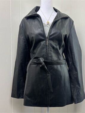 Worthington Black Leather Zip-Front Belted Jacket